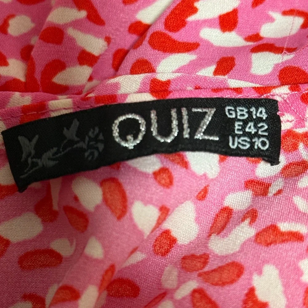 QUIZ Wrap Midi Dress Womens Size 10 Pink Abstract Print Flutter Sleeve Tie Back - Picture 7 of 7